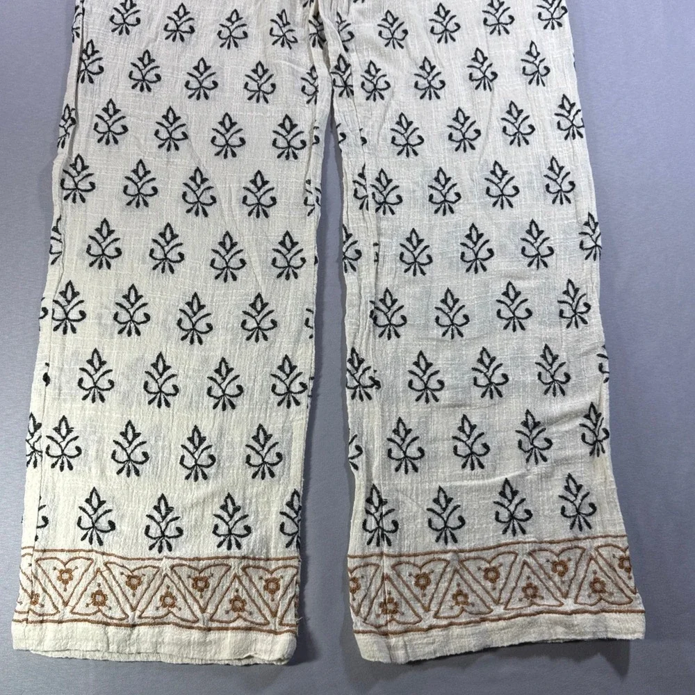 ZARA Women L Cotton Blend Wide Leg Boho Pants Embroidered Floral Cream Black L